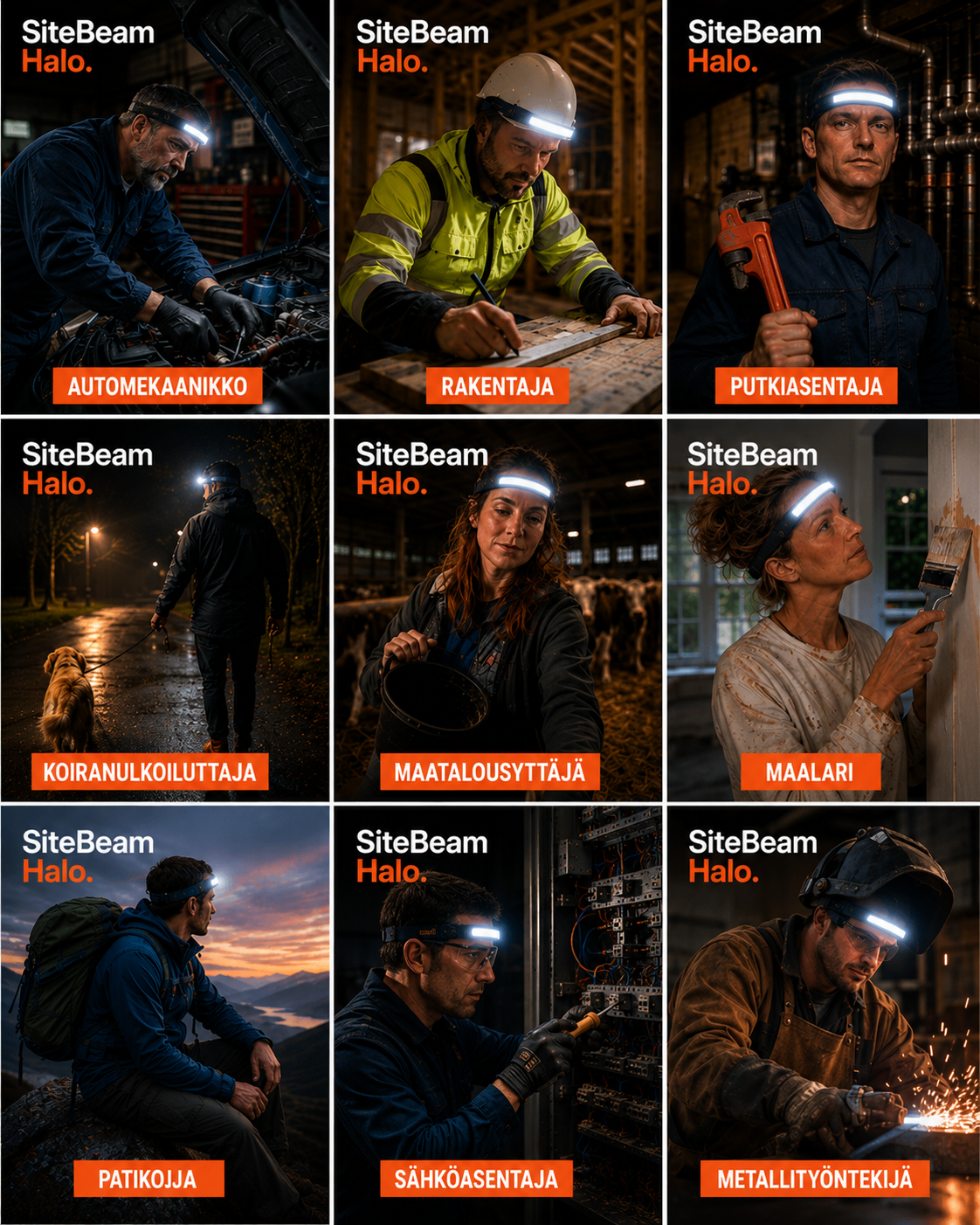 SiteBeam Halo — Ladattava 230° työotsalamppu