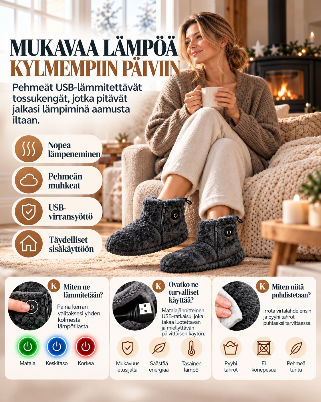 HearthStep lämmitettävät USB-tossut