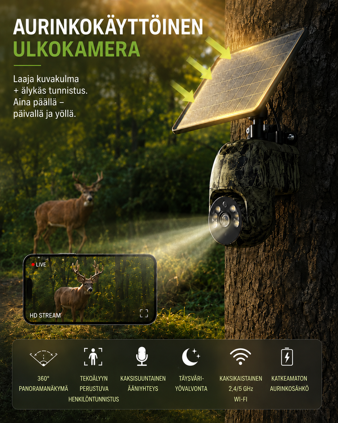 SolarWatch 360 Camo - Aurinkokäyttöinen langaton valvontakamera