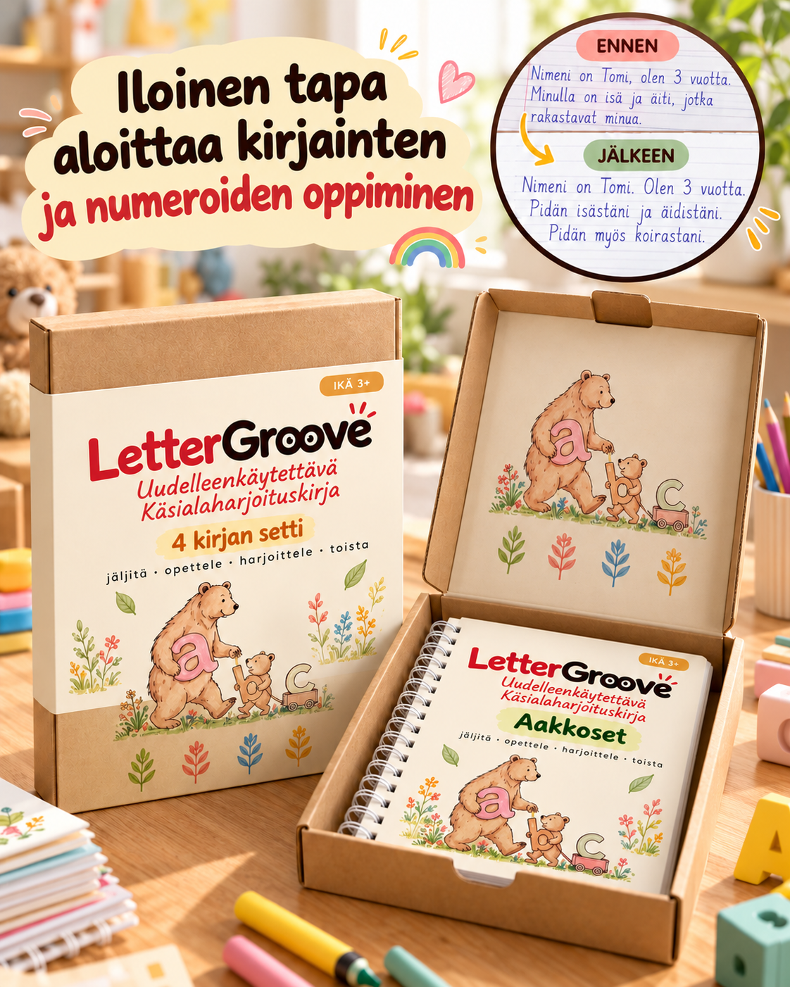 LetterGroove – uudelleenkäytettävä käsialan harjoitussetti