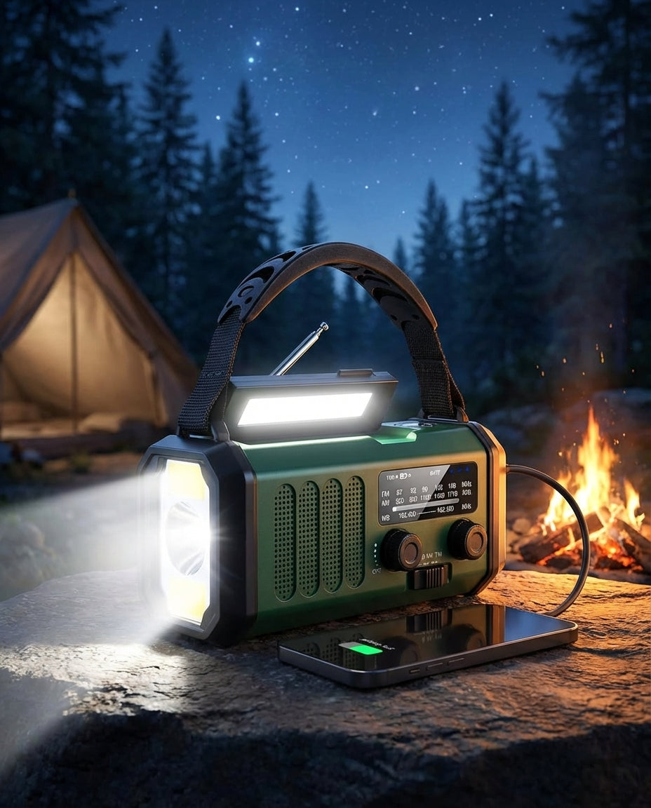 Aurinkosähköinen hätäradio & Powerbank käsikampi | LED