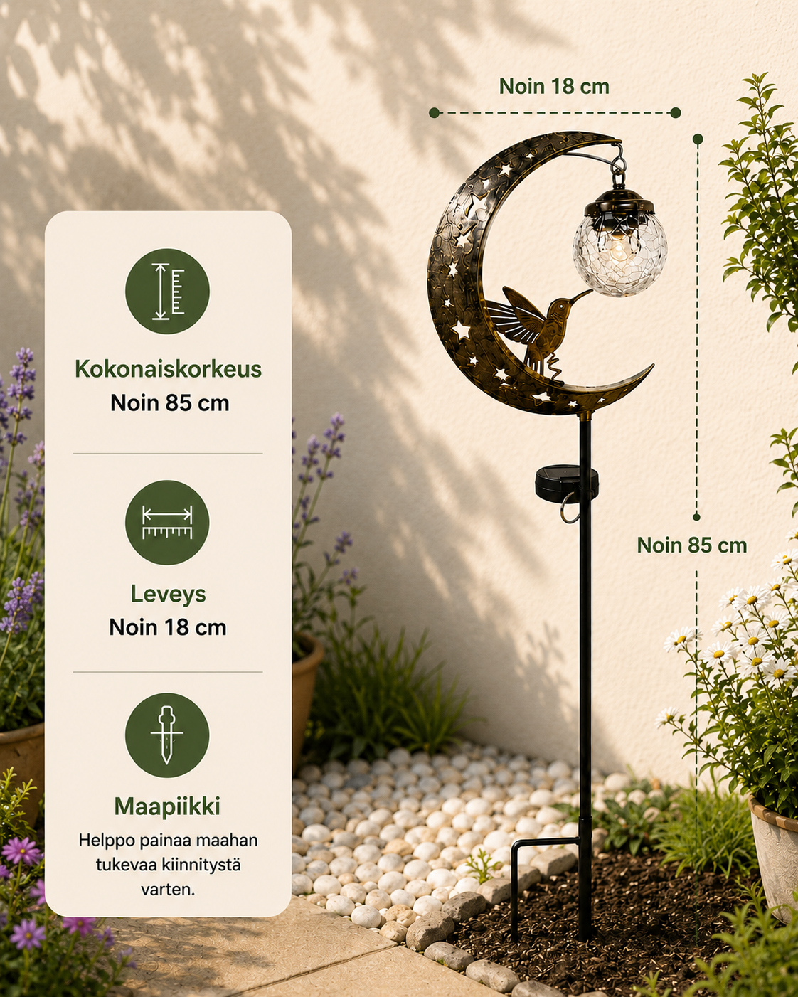 Moonlit Perch – Aurinkoenergialla toimiva puutarhavalaisin