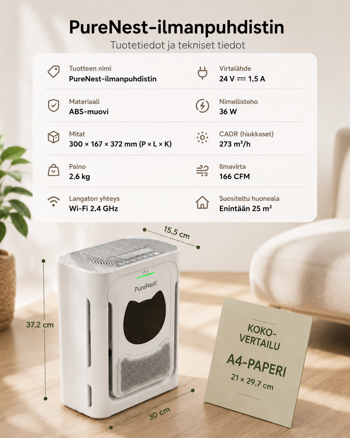 PureNest Kompakti ilmanpuhdistin lemmikeille