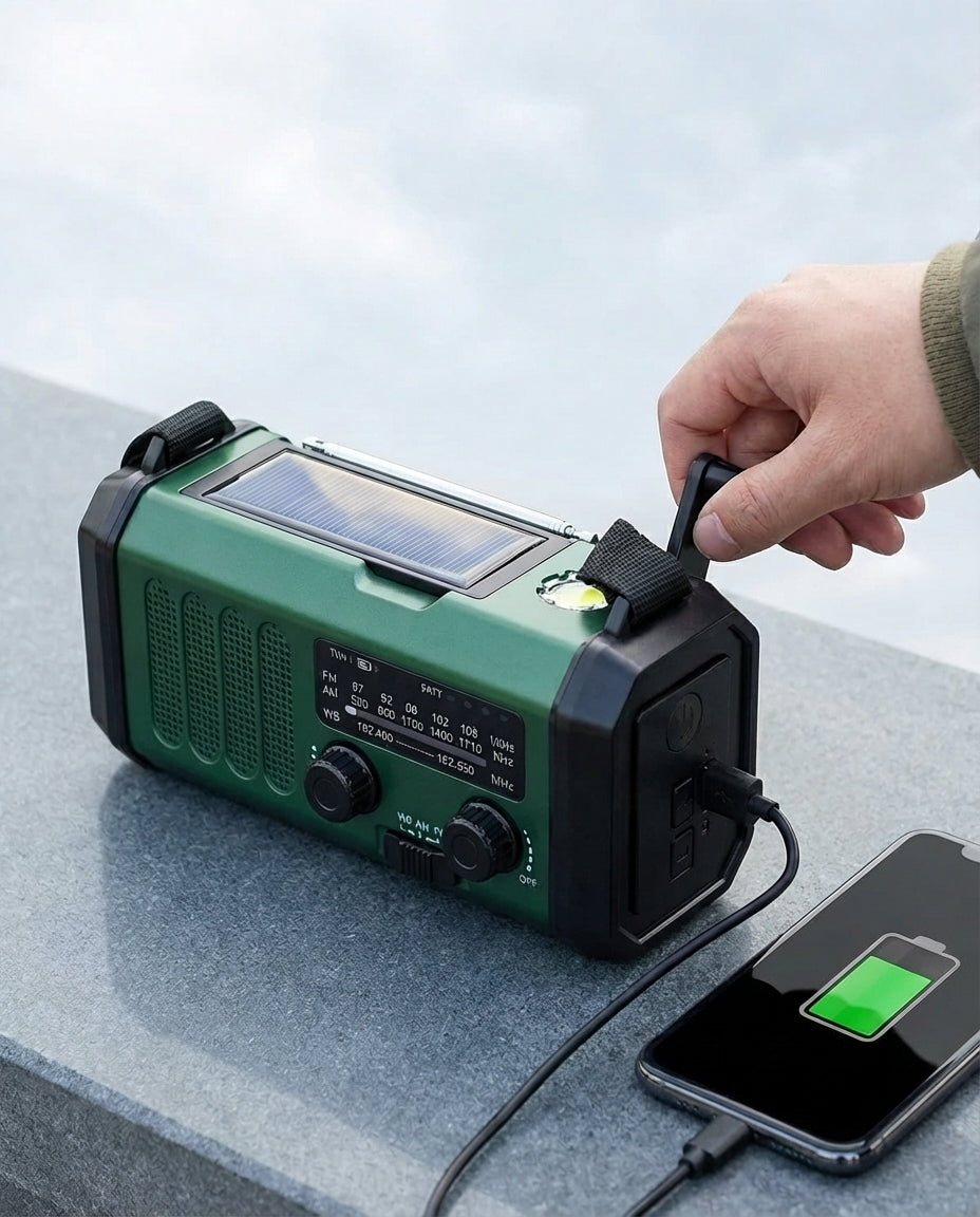 Aurinkosähköinen hätäradio & Powerbank käsikampi | LED
