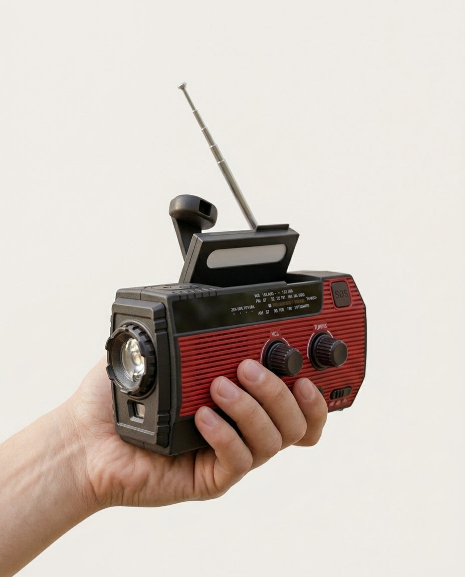 Aurinkovoimalla toimiva hätäradio | 5 virtalähdettä