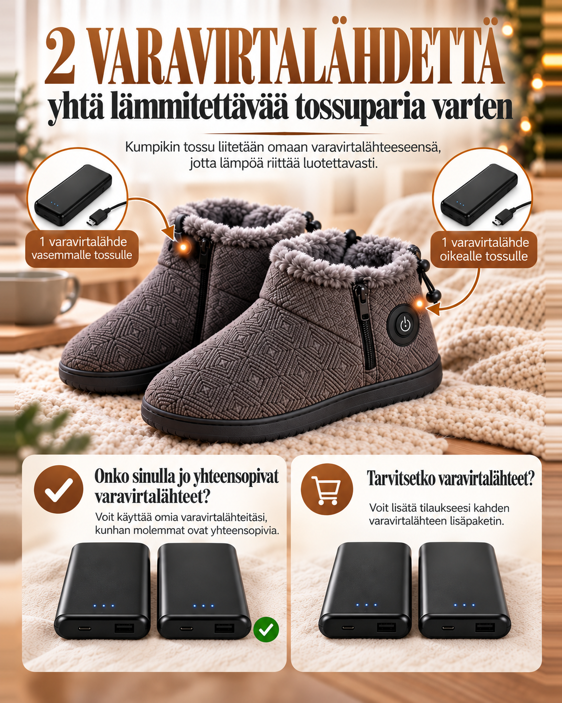 HearthStep lämmitettävät USB-tossut