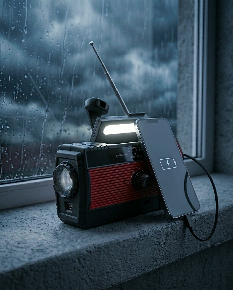 Aurinkovoimalla toimiva hätäradio | 5 virtalähdettä