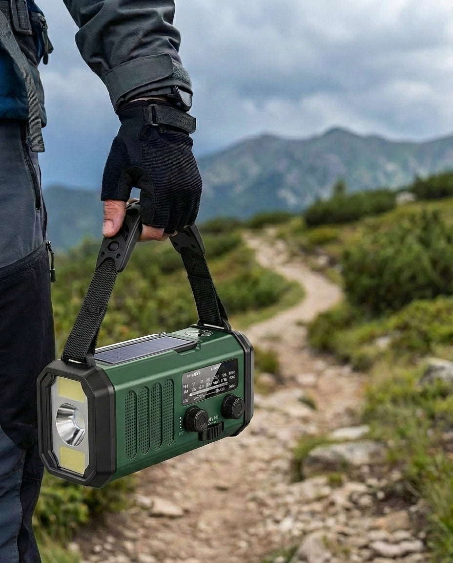 Aurinkosähköinen hätäradio & Powerbank käsikampi | LED
