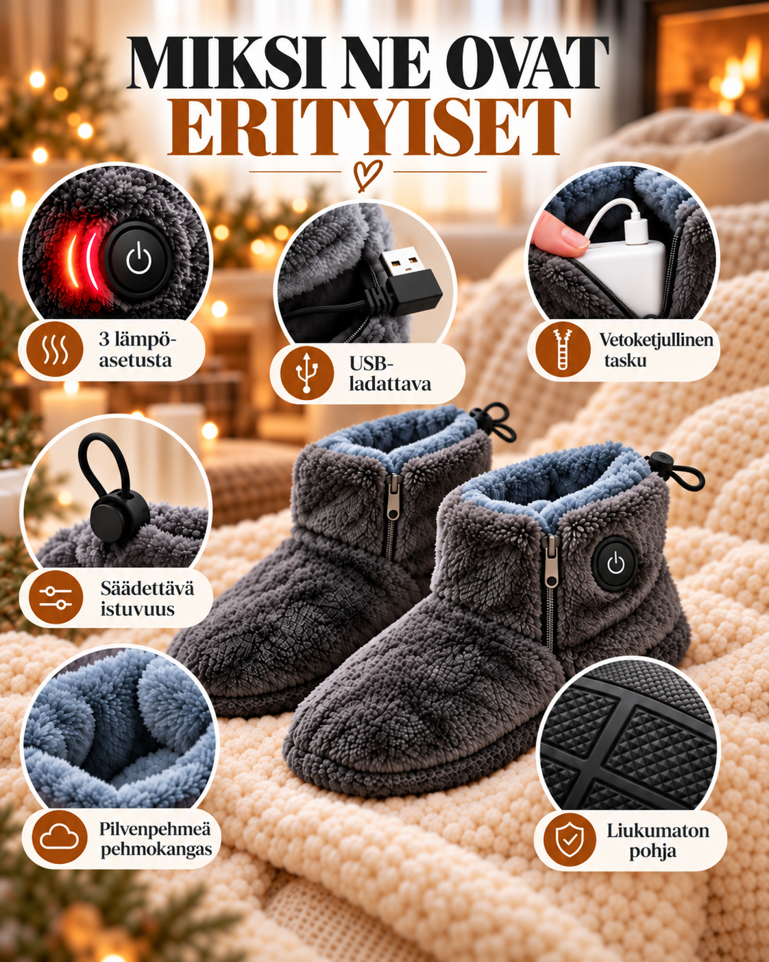 HearthStep lämmitettävät USB-tossut