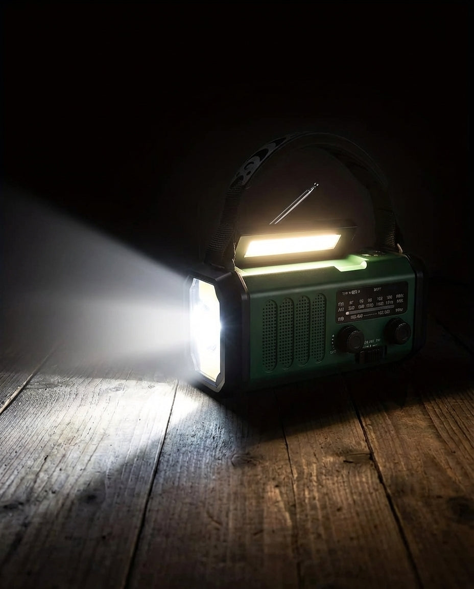 Aurinkosähköinen hätäradio & Powerbank käsikampi | LED