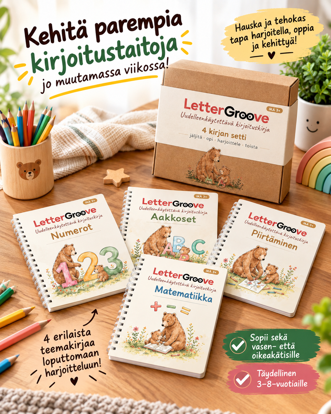 LetterGroove – uudelleenkäytettävä käsialan harjoitussetti