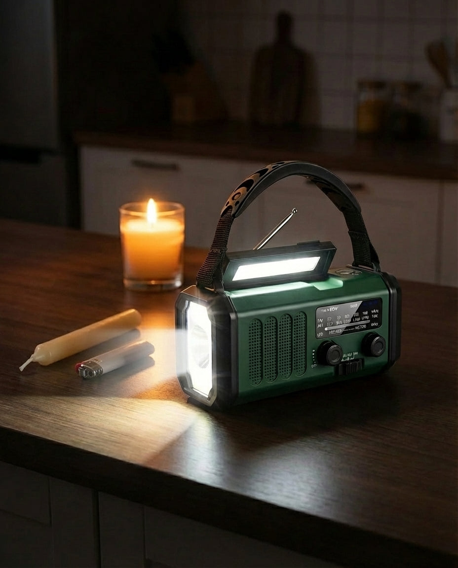 Aurinkosähköinen hätäradio & Powerbank käsikampi | LED