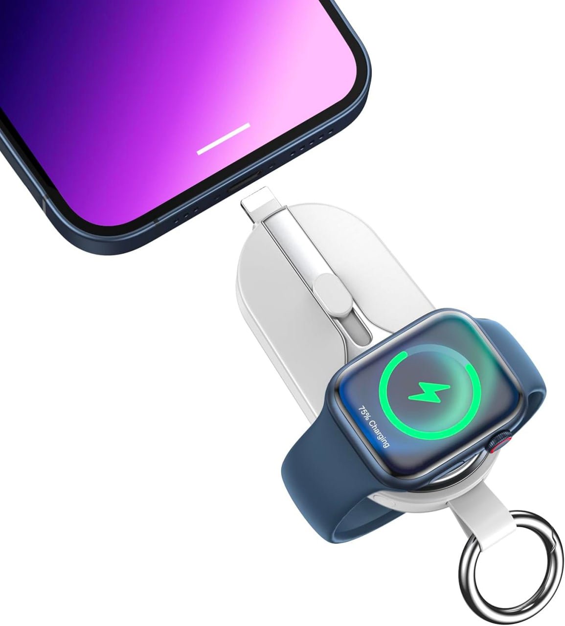 KeyPact Duo 2-in-1 Mini Powerbank kellolaturilla – 2000mAh, Type-C & Lightning, Kestävä karabiinilla