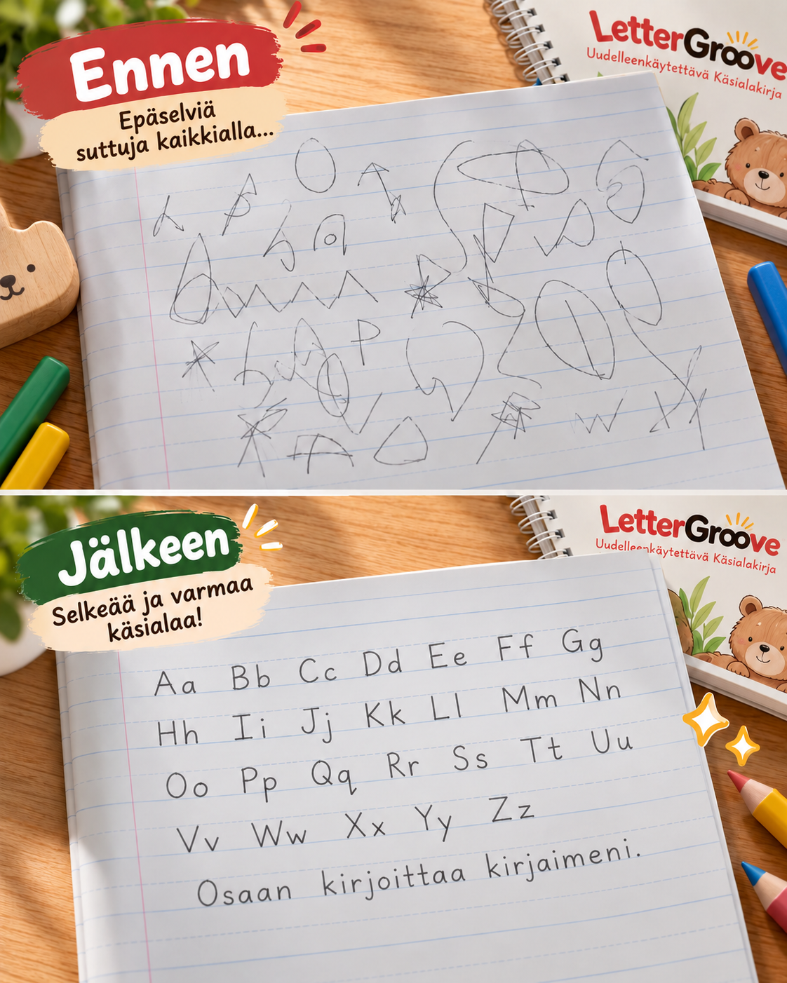 LetterGroove – uudelleenkäytettävä käsialan harjoitussetti