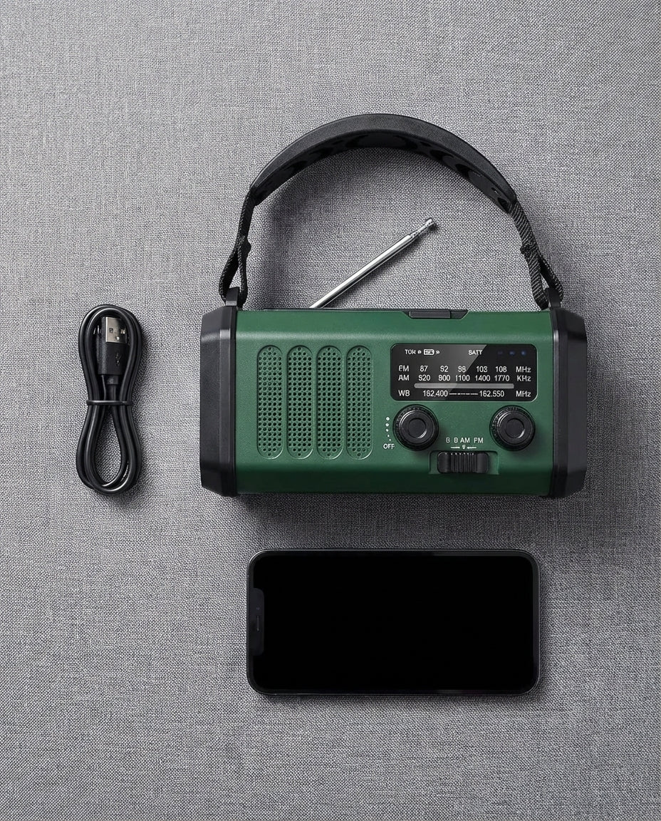 Aurinkosähköinen hätäradio & Powerbank käsikampi | LED
