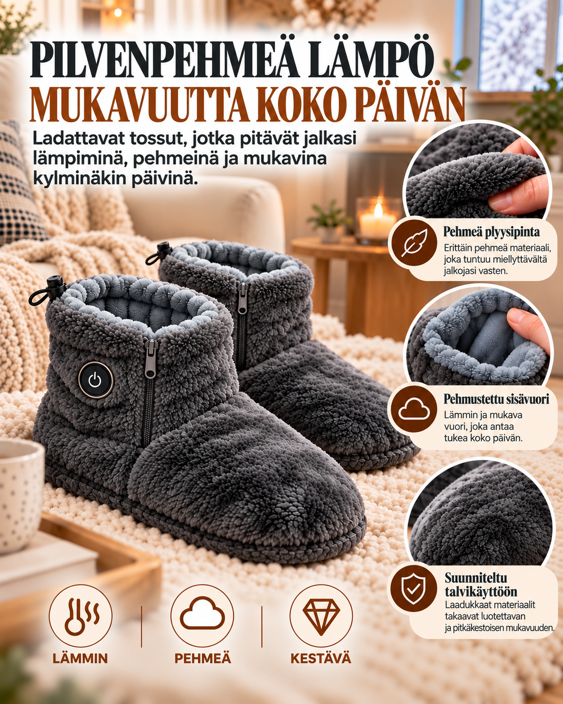 HearthStep lämmitettävät USB-tossut