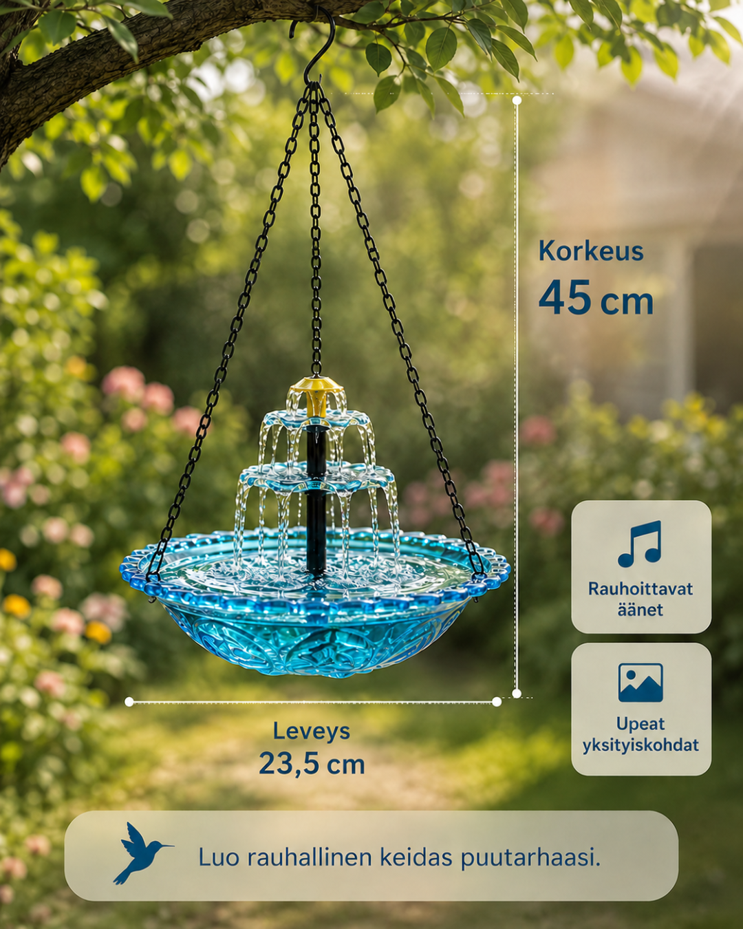 Sereneflow aurinkokäyttöinen porraslähde lintukylpyineen