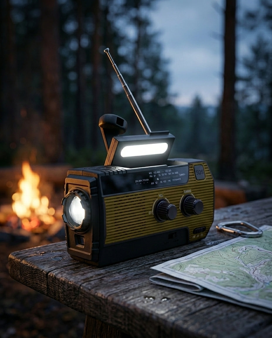 Aurinkovoimalla toimiva hätäradio | 5 virtalähdettä