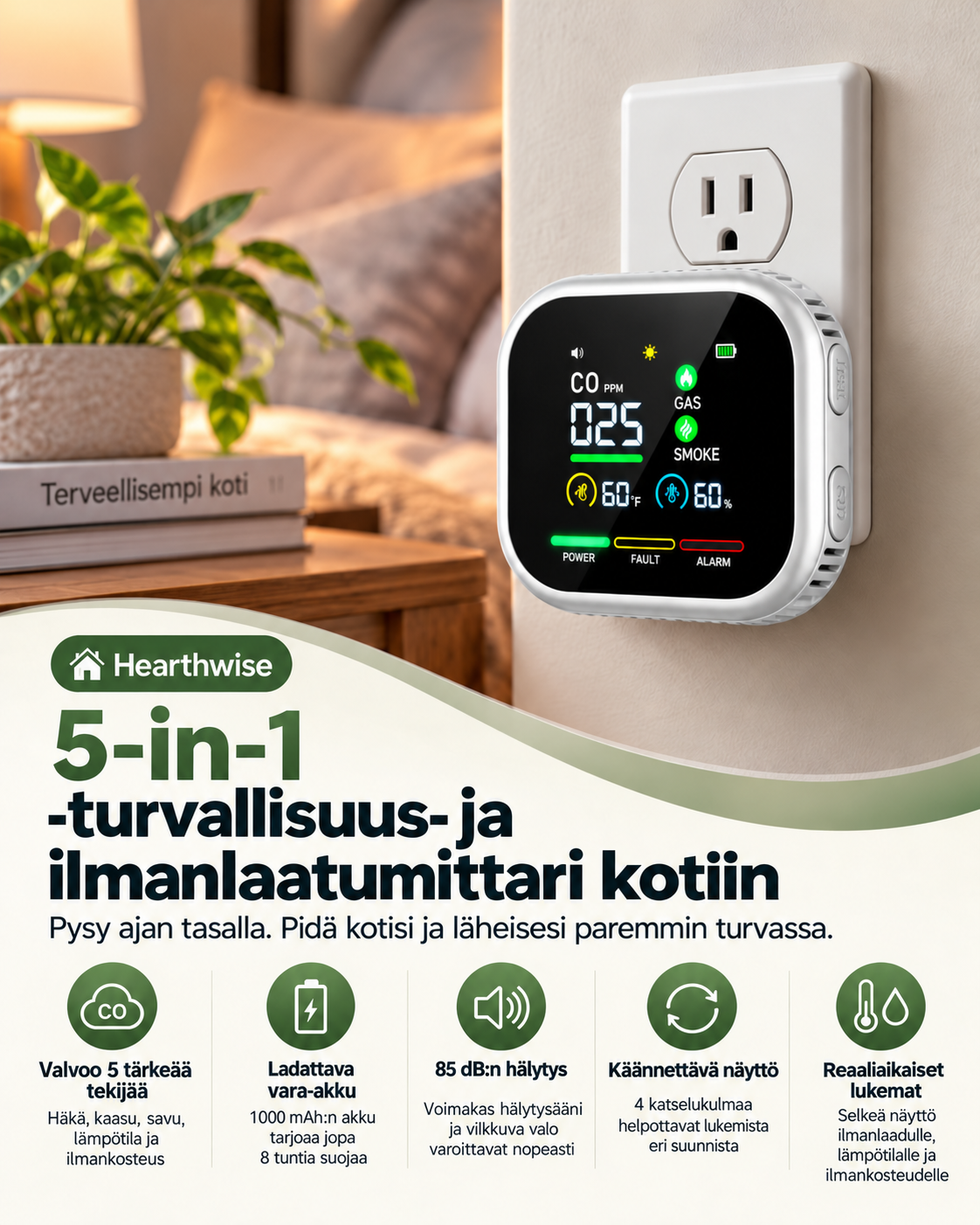 Hearthwise 5-in-1 -turvallisuus- ja ilmanlaatumittari kotiin