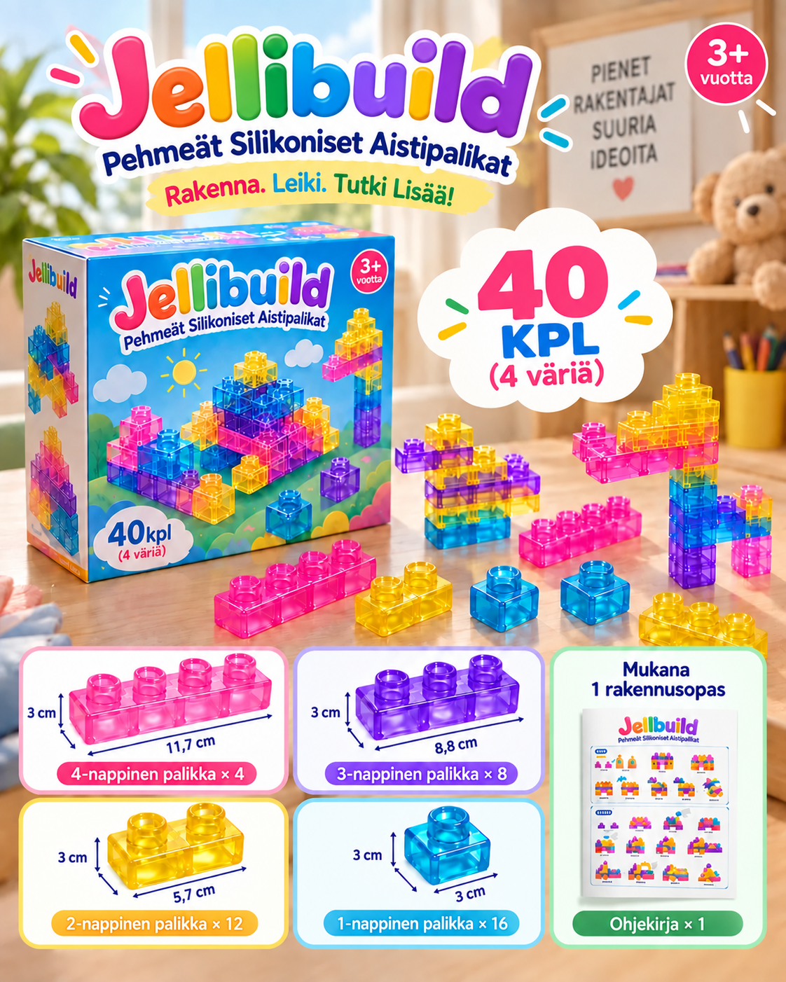 Jellibuild Pehmeät Silikoniset Aistipalikat