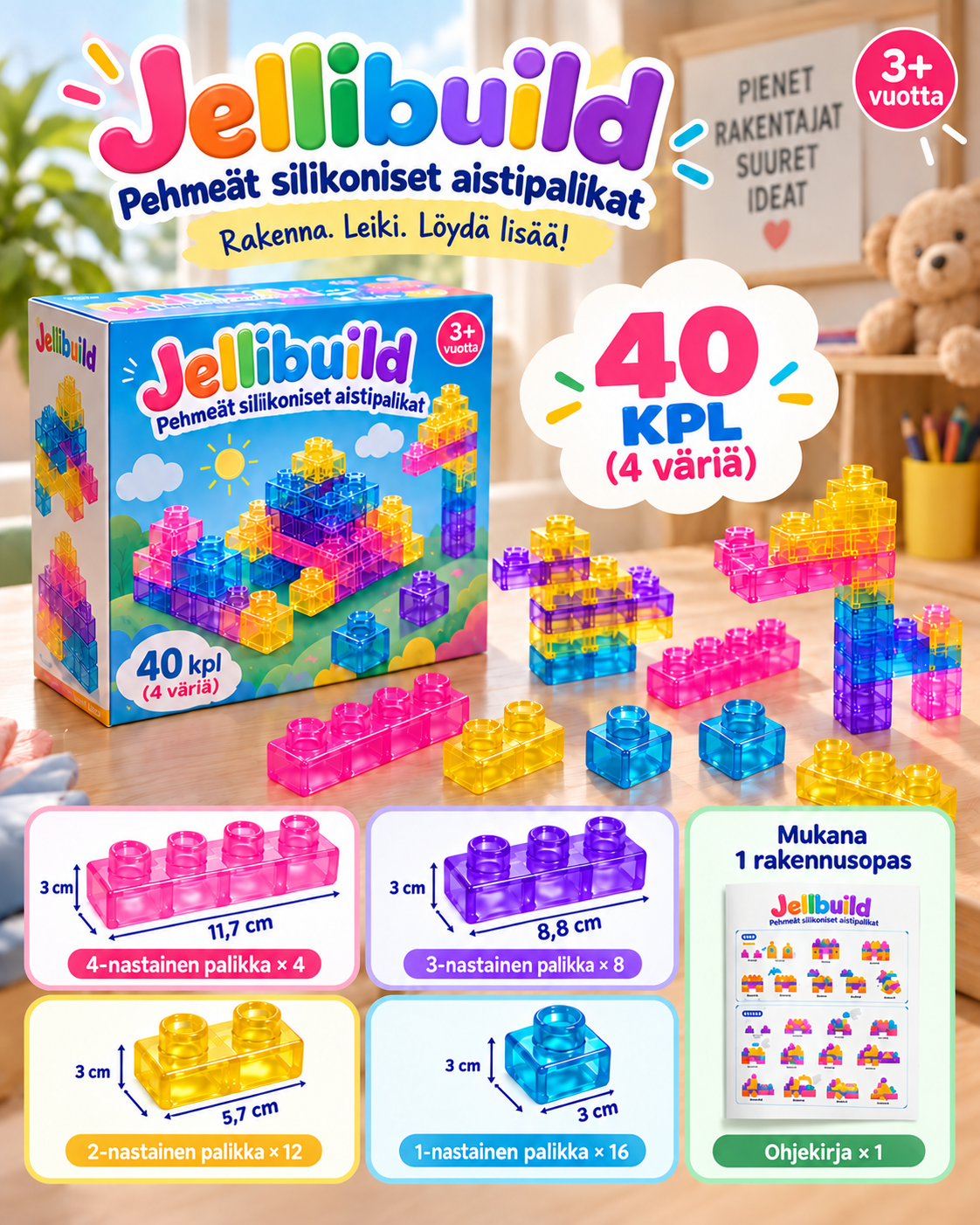 Jellibuild Pehmeät Silikoniset Aistipalikat