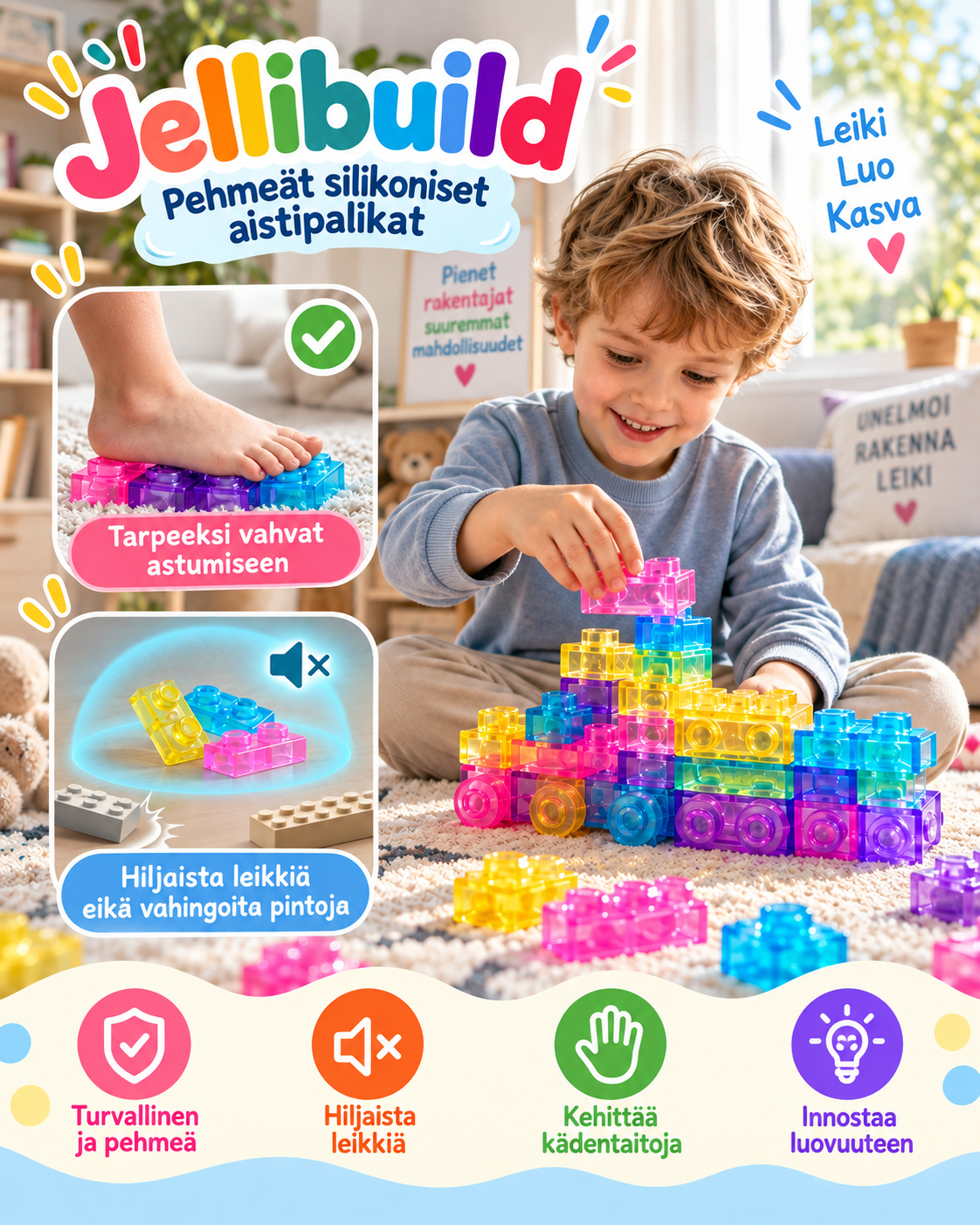 Jellibuild Pehmeät Silikoniset Aistipalikat