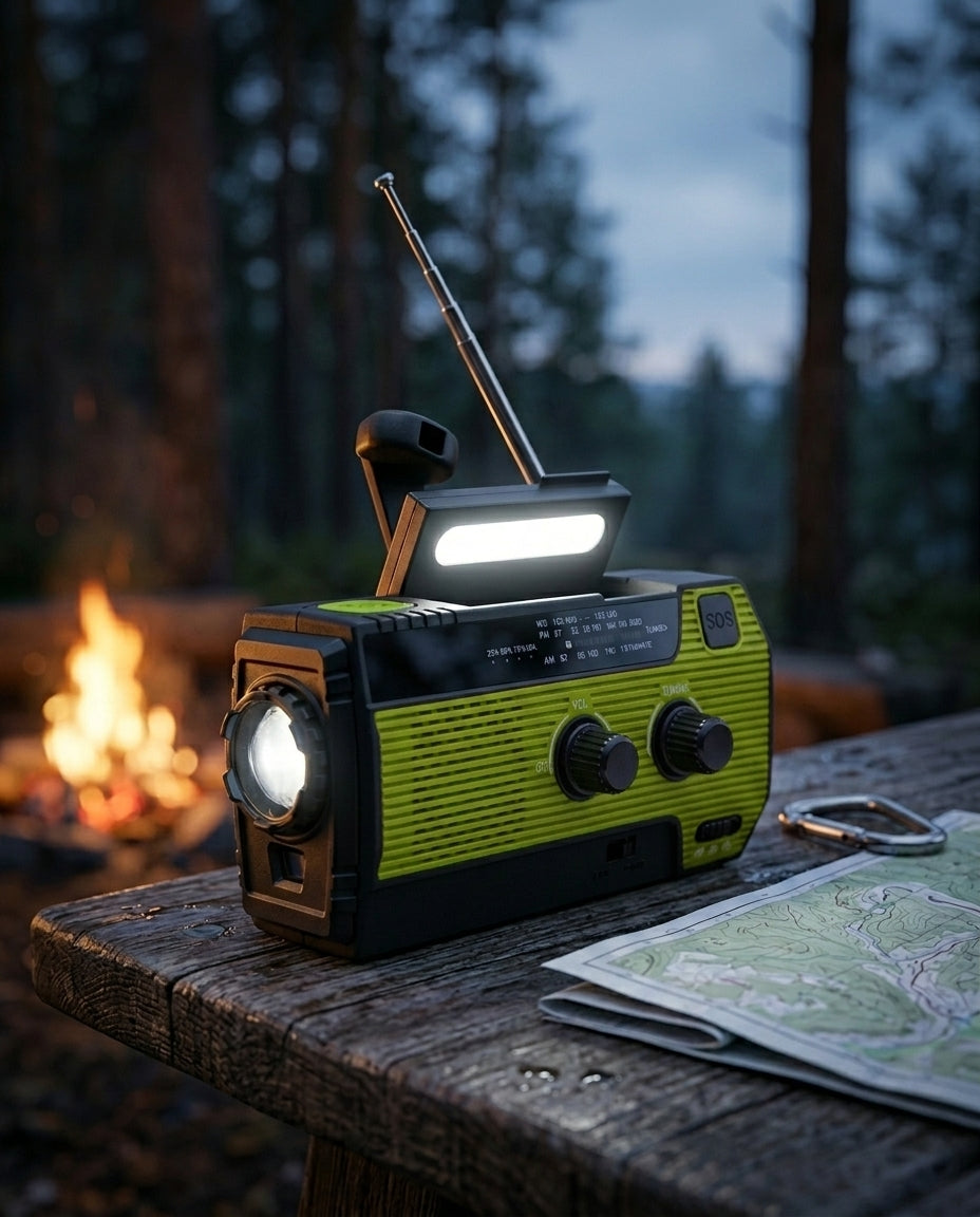 Aurinkovoimalla toimiva hätäradio | 5 virtalähdettä