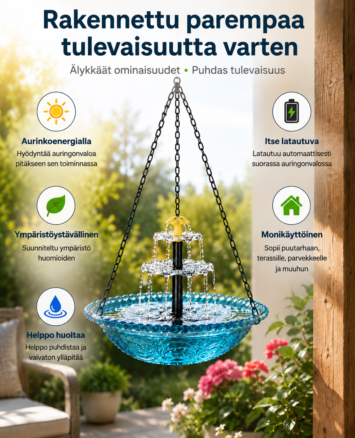 Sereneflow aurinkokäyttöinen porraslähde lintukylpyineen
