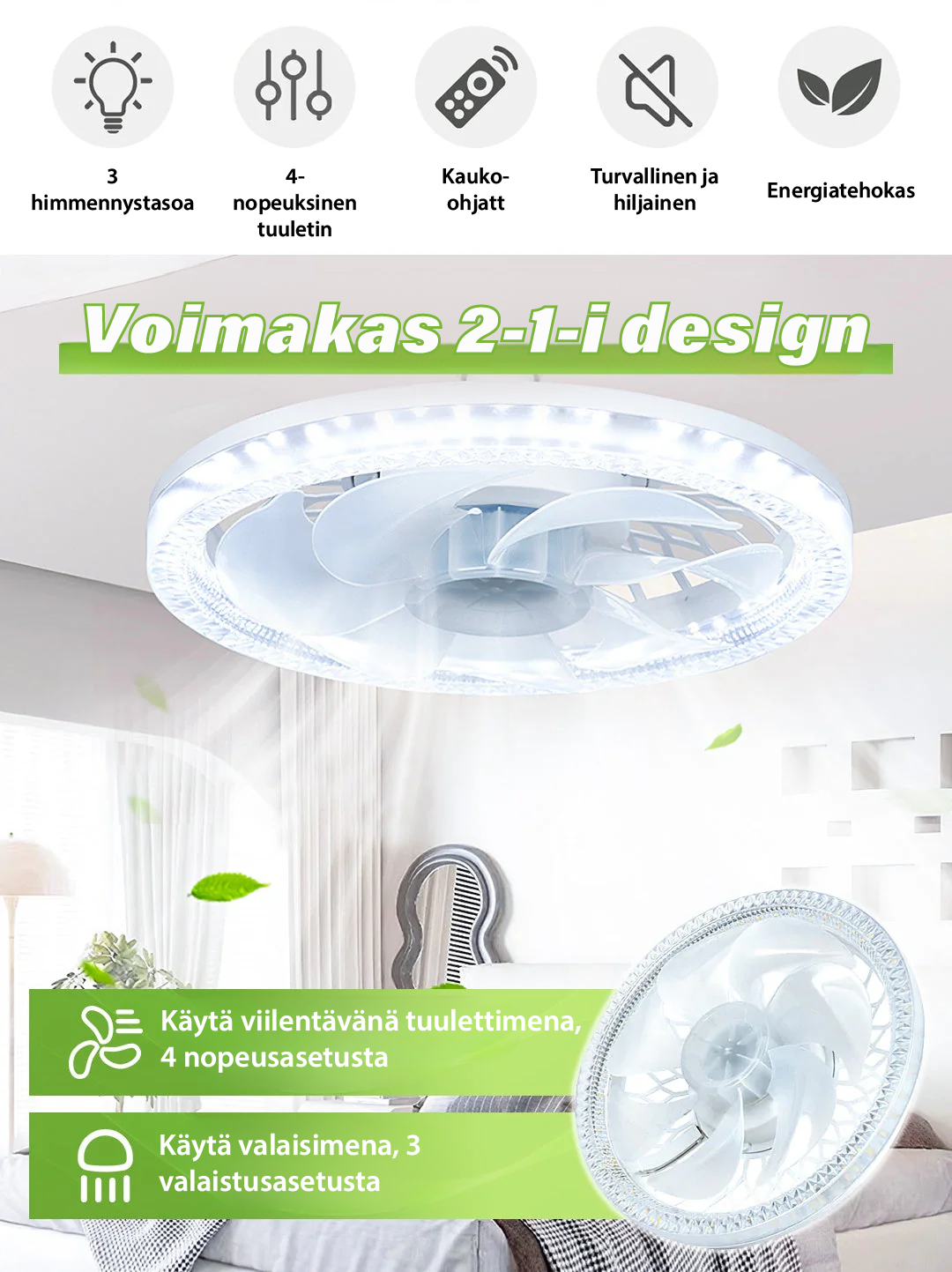 #2-in-1 Hiljainen Säädettävä Tuuletinvalaisin Kauko-ohjauksella