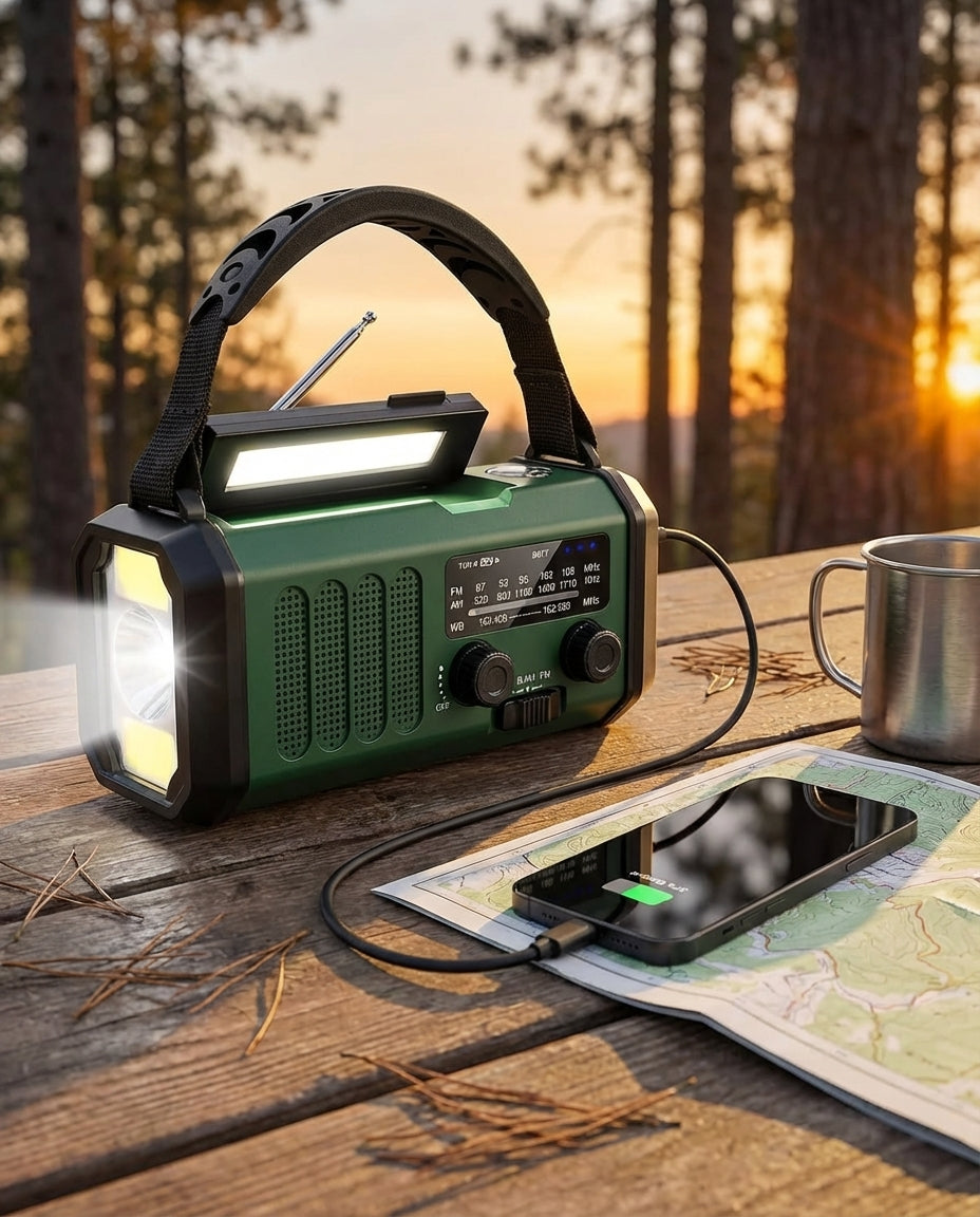 Aurinkosähköinen hätäradio & Powerbank käsikampi | LED