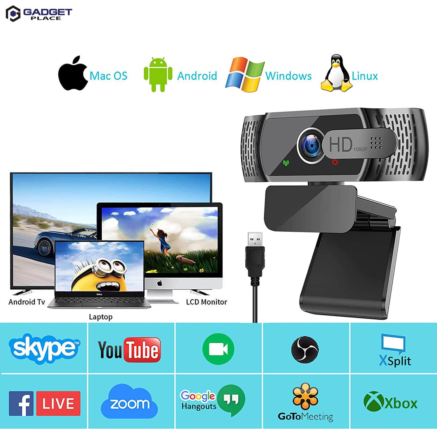 Gadgetplace Full HD 1080P Verkkokamera – Plug & Play, Sisäänrakennettu Melunvaimennusmikrofoni, 90° Laajakulma