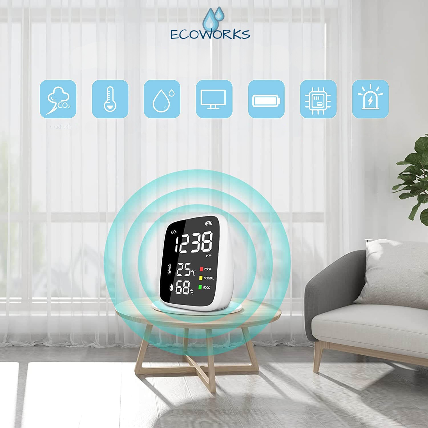 Ecoworks 3-in-1 CO2-mittari – Langaton ilmanlaatumittari lämpötila- ja kosteussensorilla