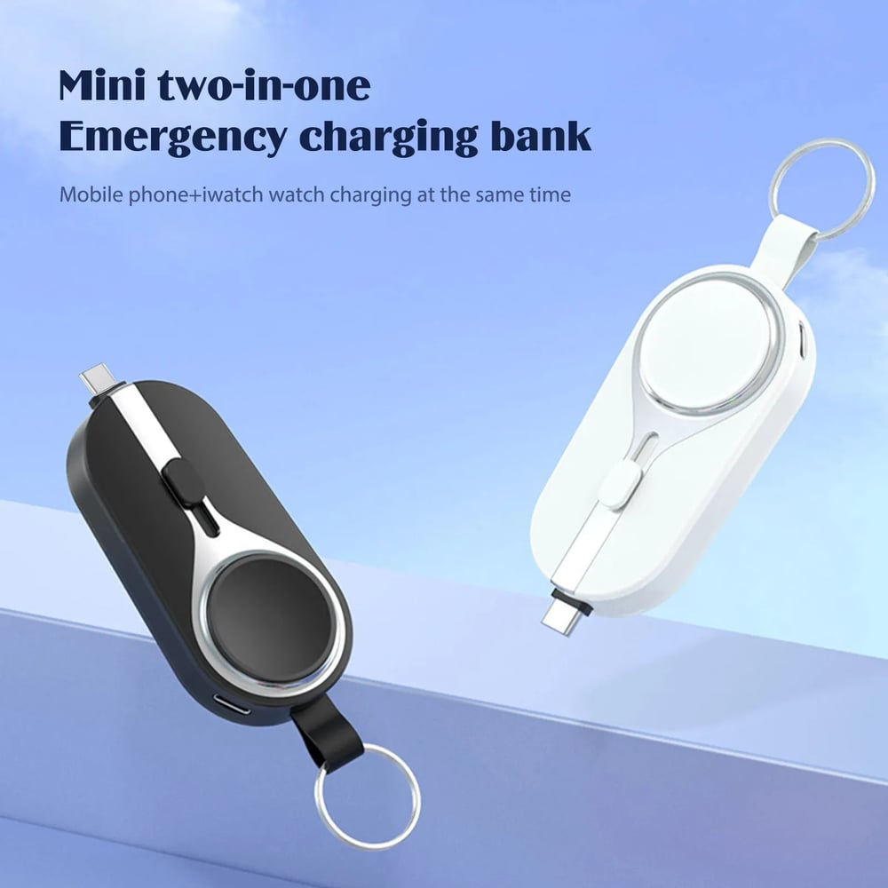 KeyPact Duo 2-in-1 Mini Powerbank kellolaturilla – 2000mAh, Type-C & Lightning, Kestävä karabiinilla