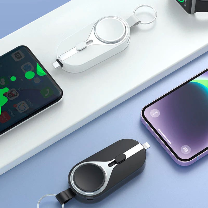 KeyPact Duo 2-in-1 Mini Powerbank kellolaturilla – 2000mAh, Type-C & Lightning, Kestävä karabiinilla